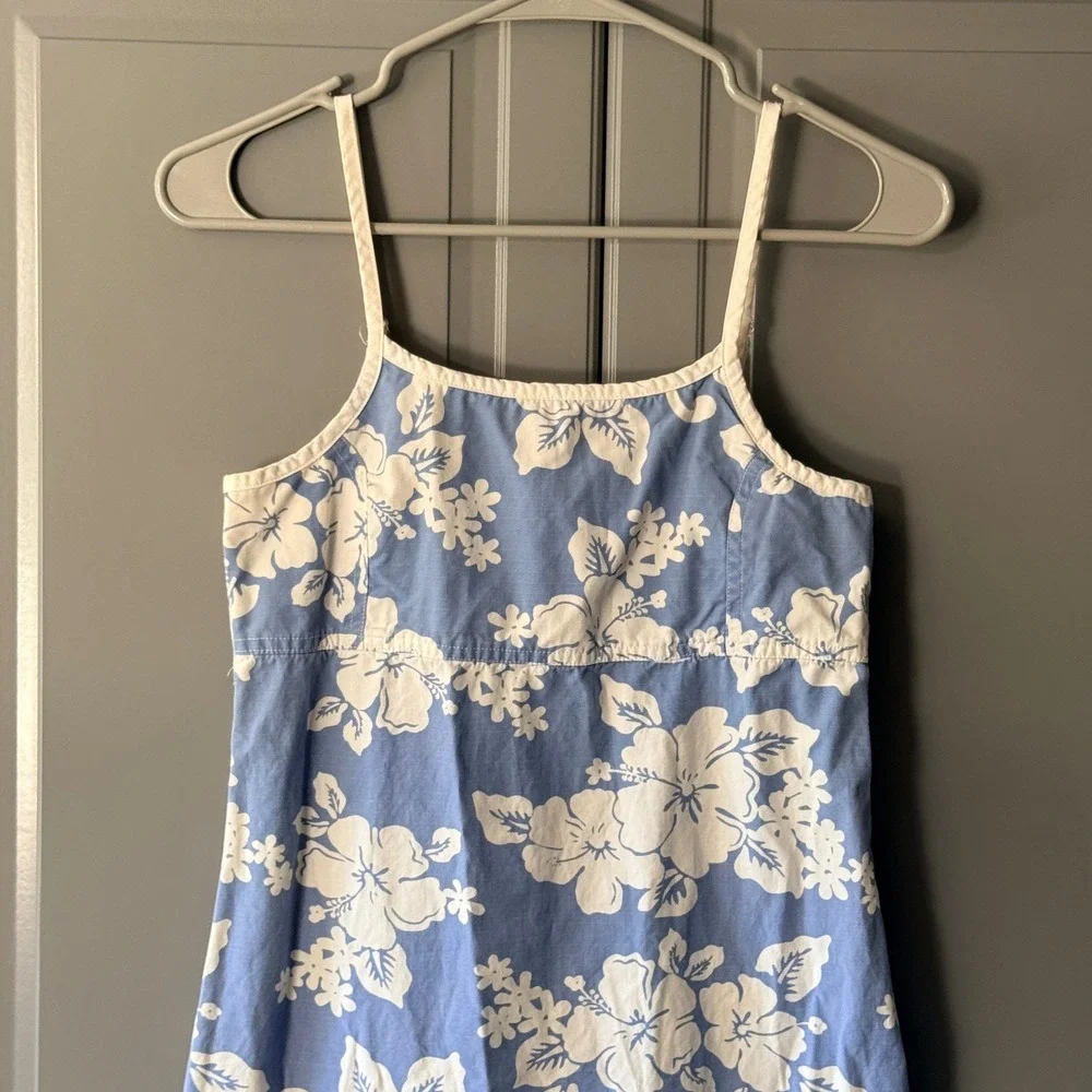 Old Navy Vintage Y2K Girls Hawaiian Hibiscus Empire Waist Mini Dress, Blue, 14